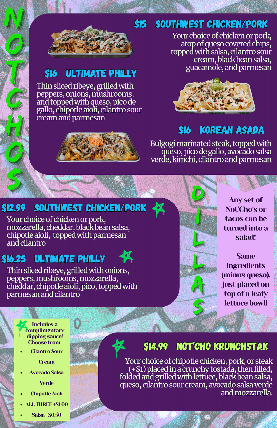 A menu for a restaurant called notcho