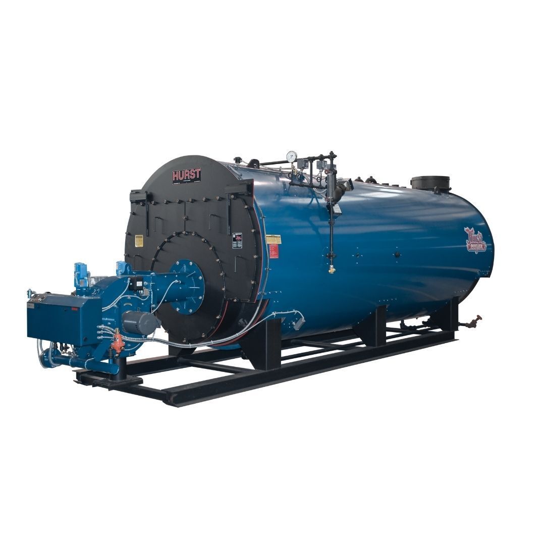 Blue industrial boiler with attached burner and pipes, sitting on a metal frame.