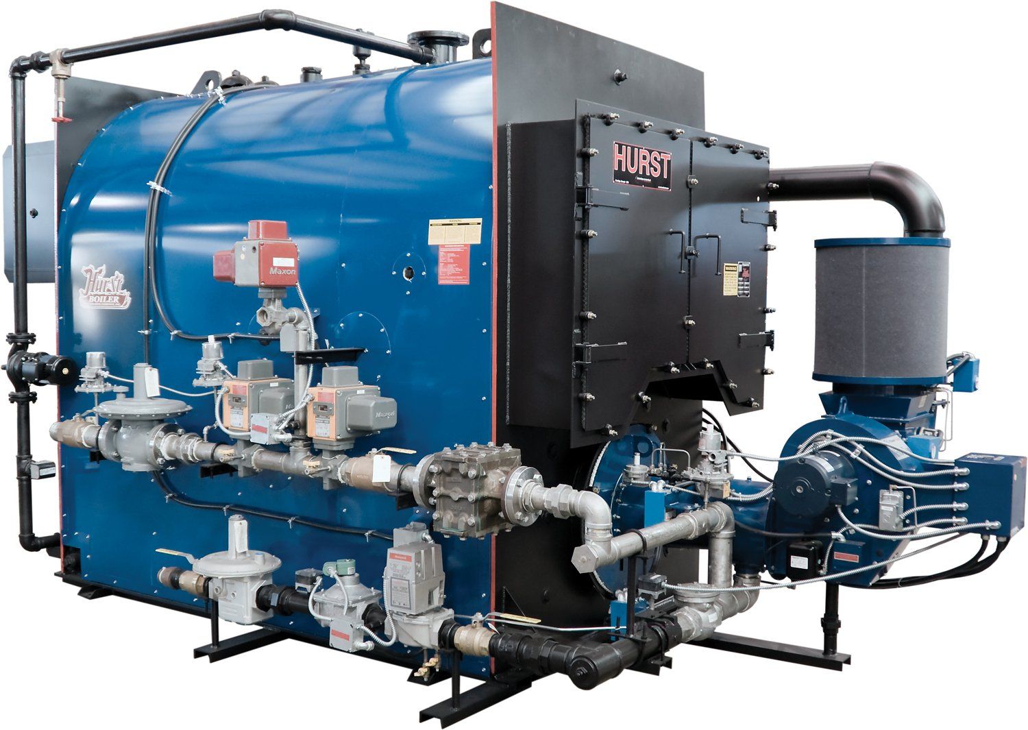 Blue industrial boiler with black components and piping.