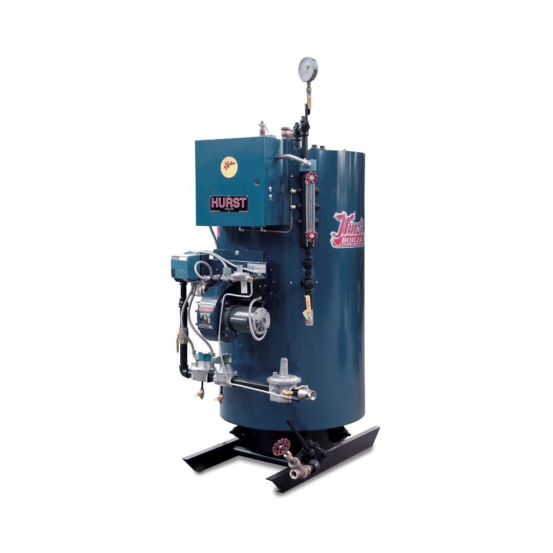 Blue Hurst industrial boiler with gauges, pipes, and controls.