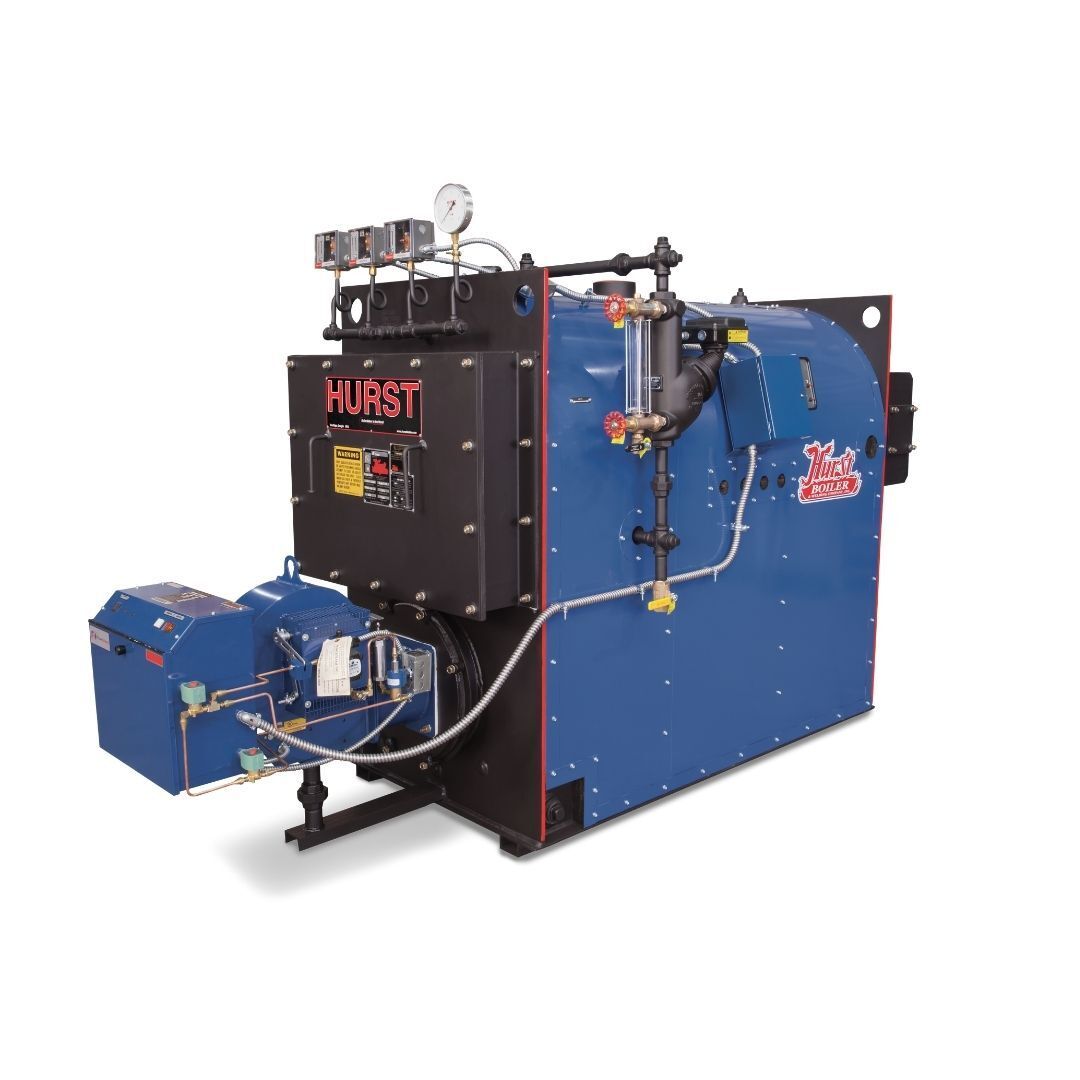 Blue Hurst boiler with black panels and a burner unit.