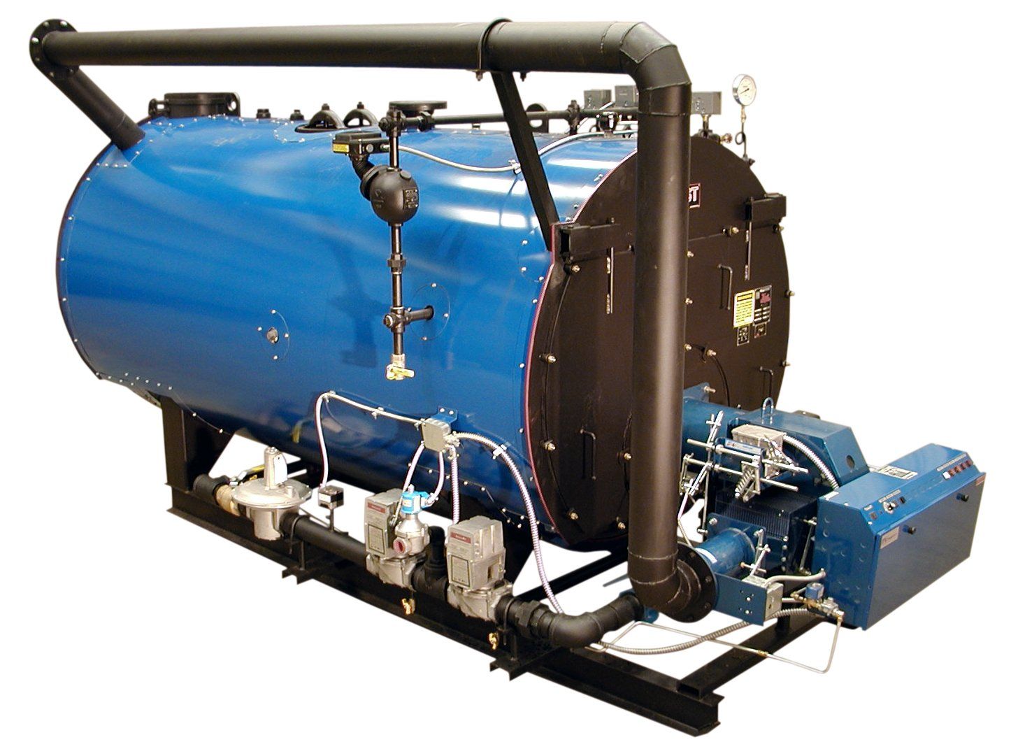 Blue industrial boiler with black pipes and burner system on a black frame.