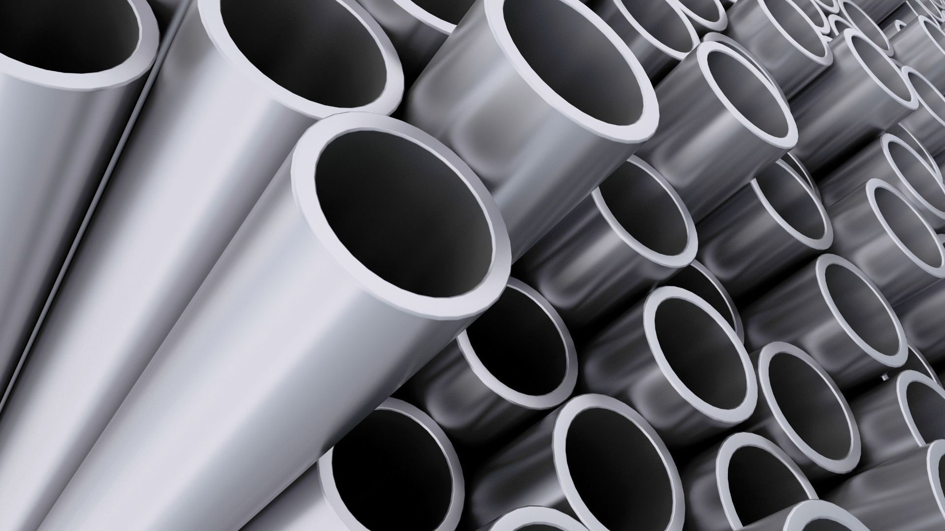 Stacks of shiny, silver metal pipes.