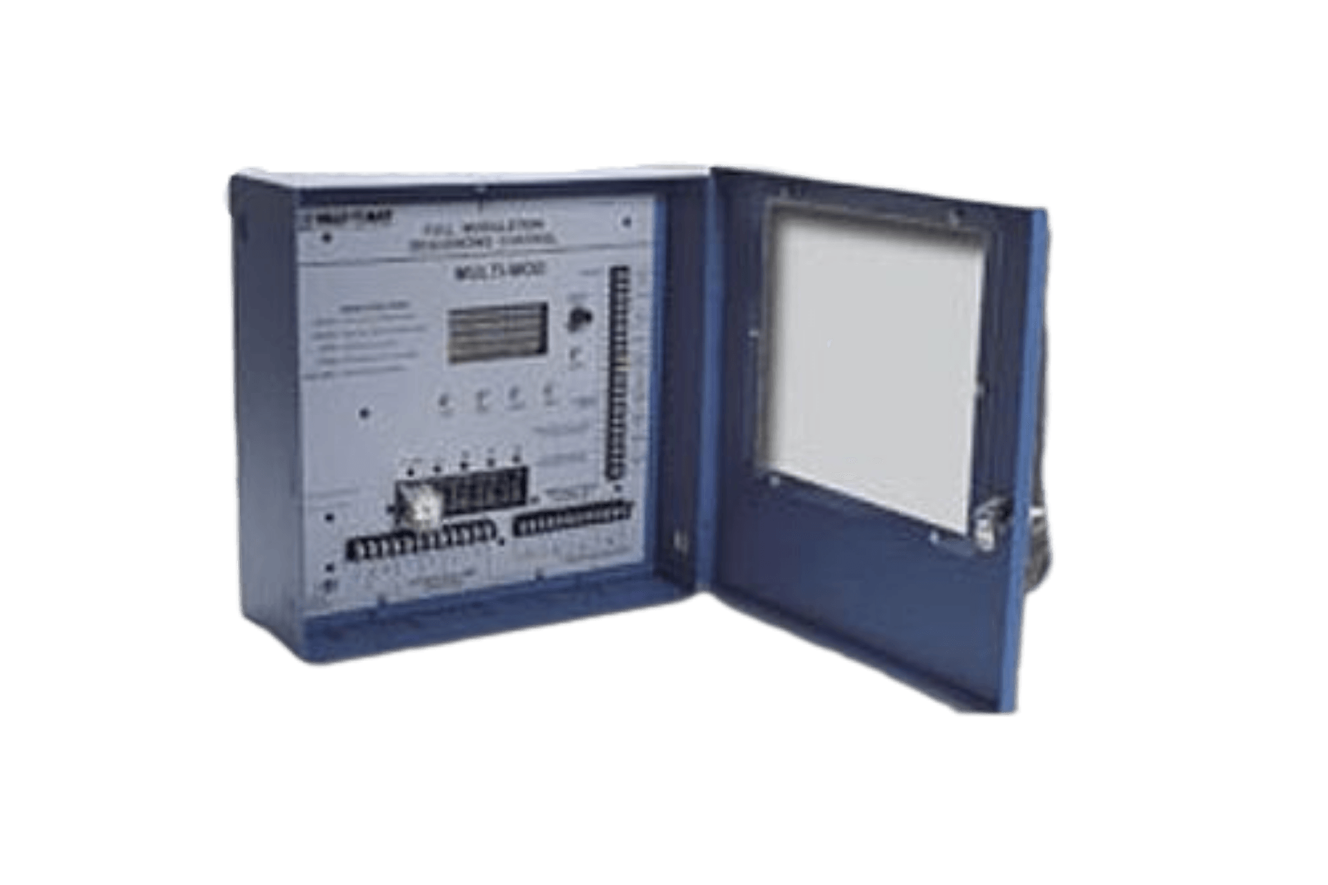 Blue control panel with an open door.