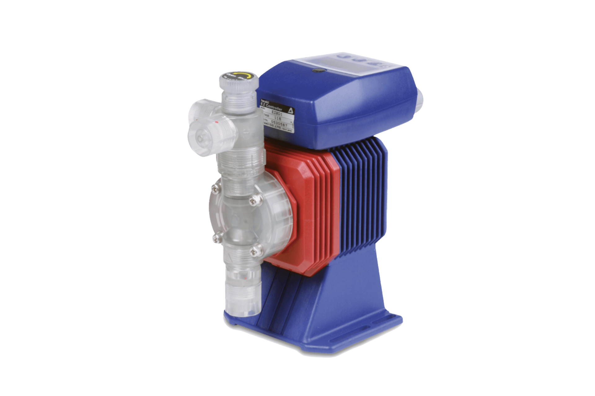 Blue and red chemical dosing pump with clear plastic components.