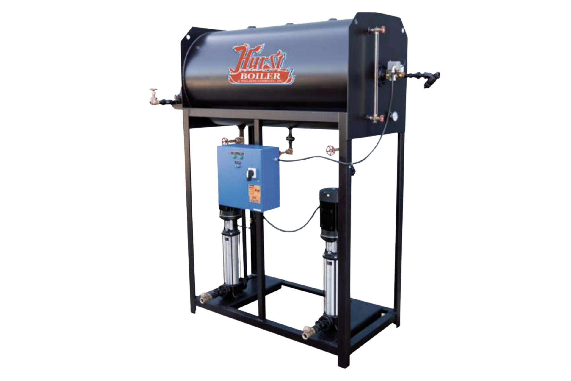 Black industrial tank on a black metal frame with blue control panel and two black hydraulic lifts.