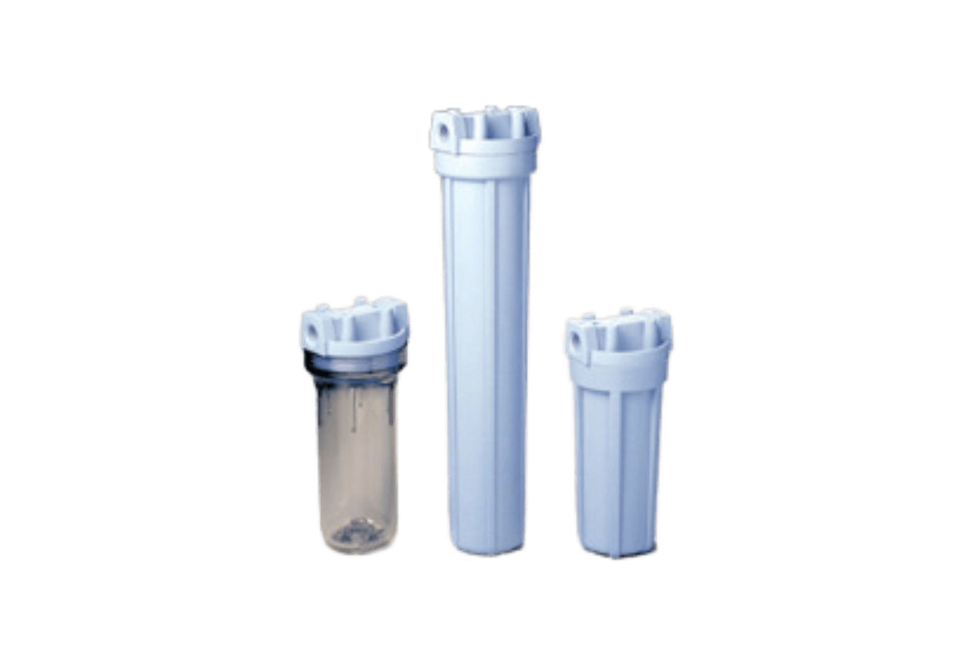 Three white water filter housings, one clear, arranged against a white background.