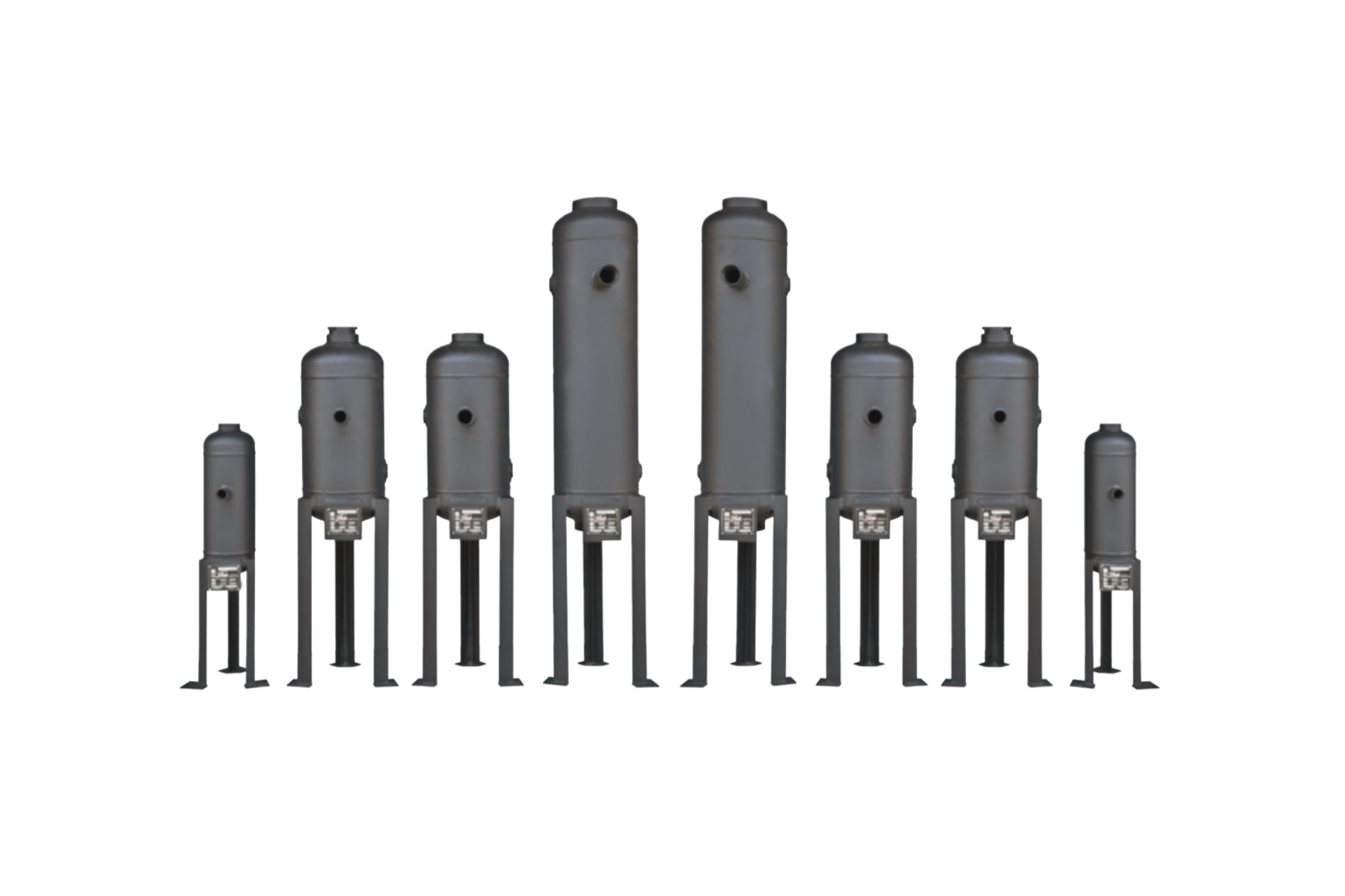 Nine gray industrial tanks with legs, of varying heights, standing on a white background.