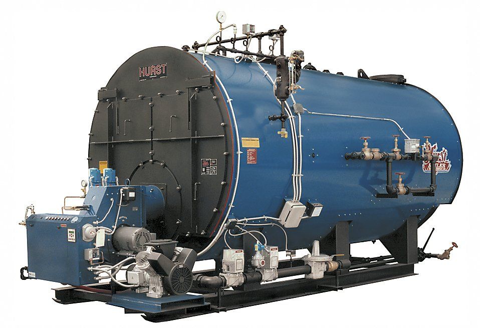 Blue industrial boiler with black front panel and supporting equipment.