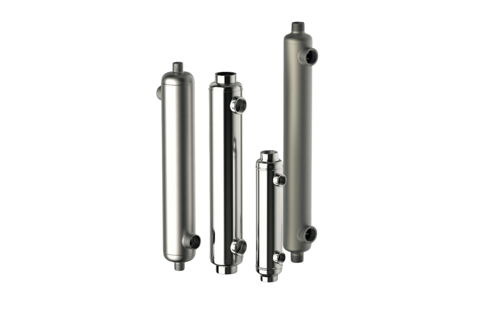 Four cylindrical heat exchangers of varying sizes, metallic finish, with side ports.