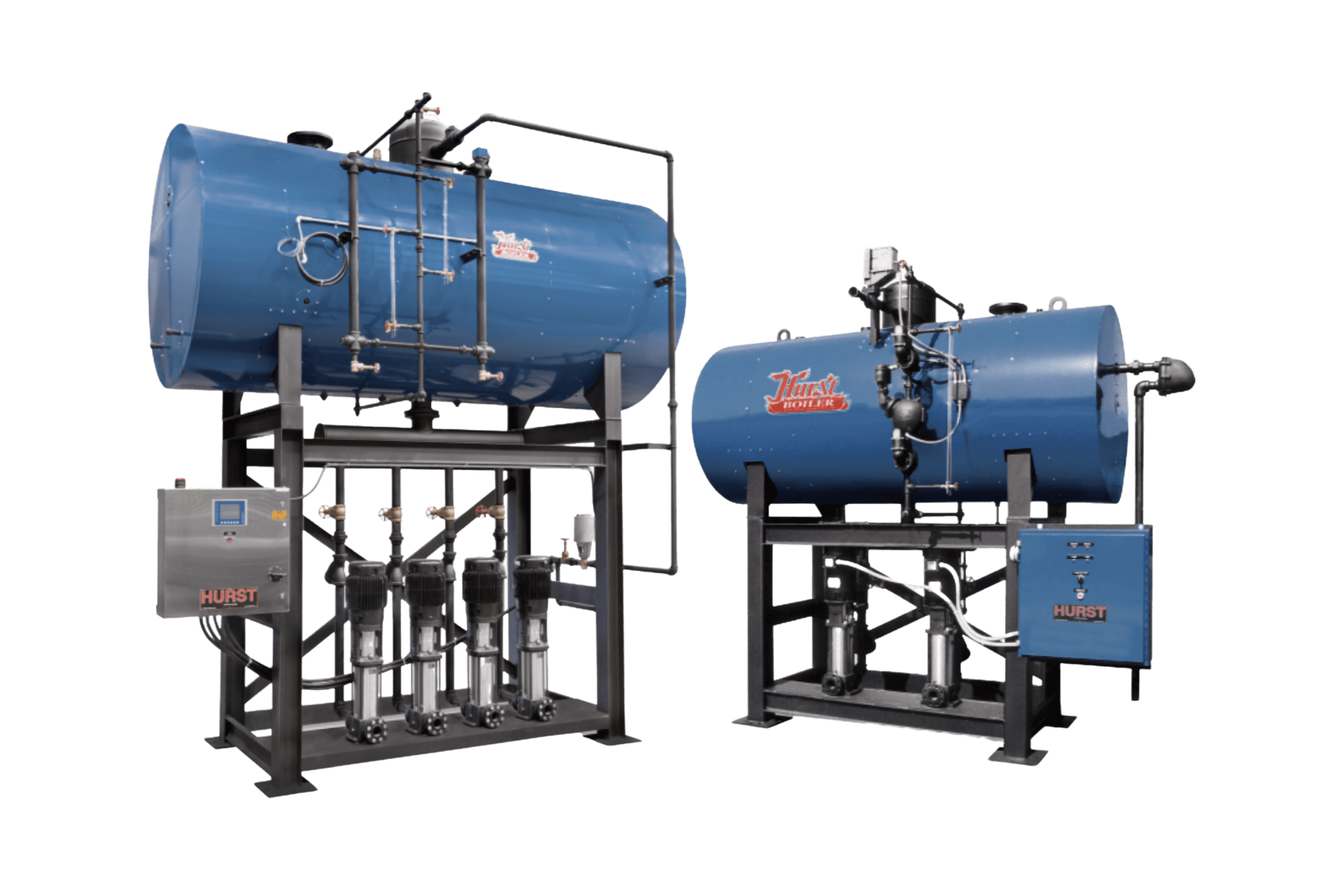 Two blue industrial tanks on black metal frames with attached pipes and gauges.