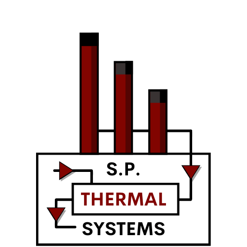 Diagram of thermal systems, with three smokestacks, red and black, connected to a box labeled 