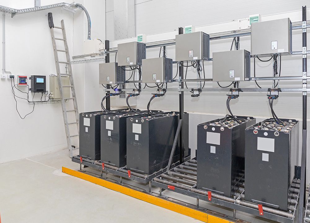 Batteries and chargers in an indoor setting, on a shelf system with a ladder on the left.