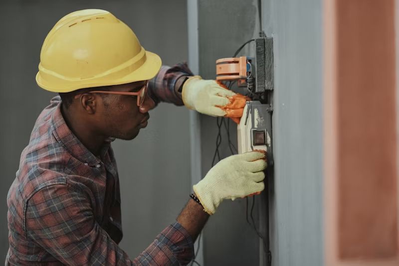 An electrician in a yellow hard hat and gloves repairs electrical components on a gray wall.
