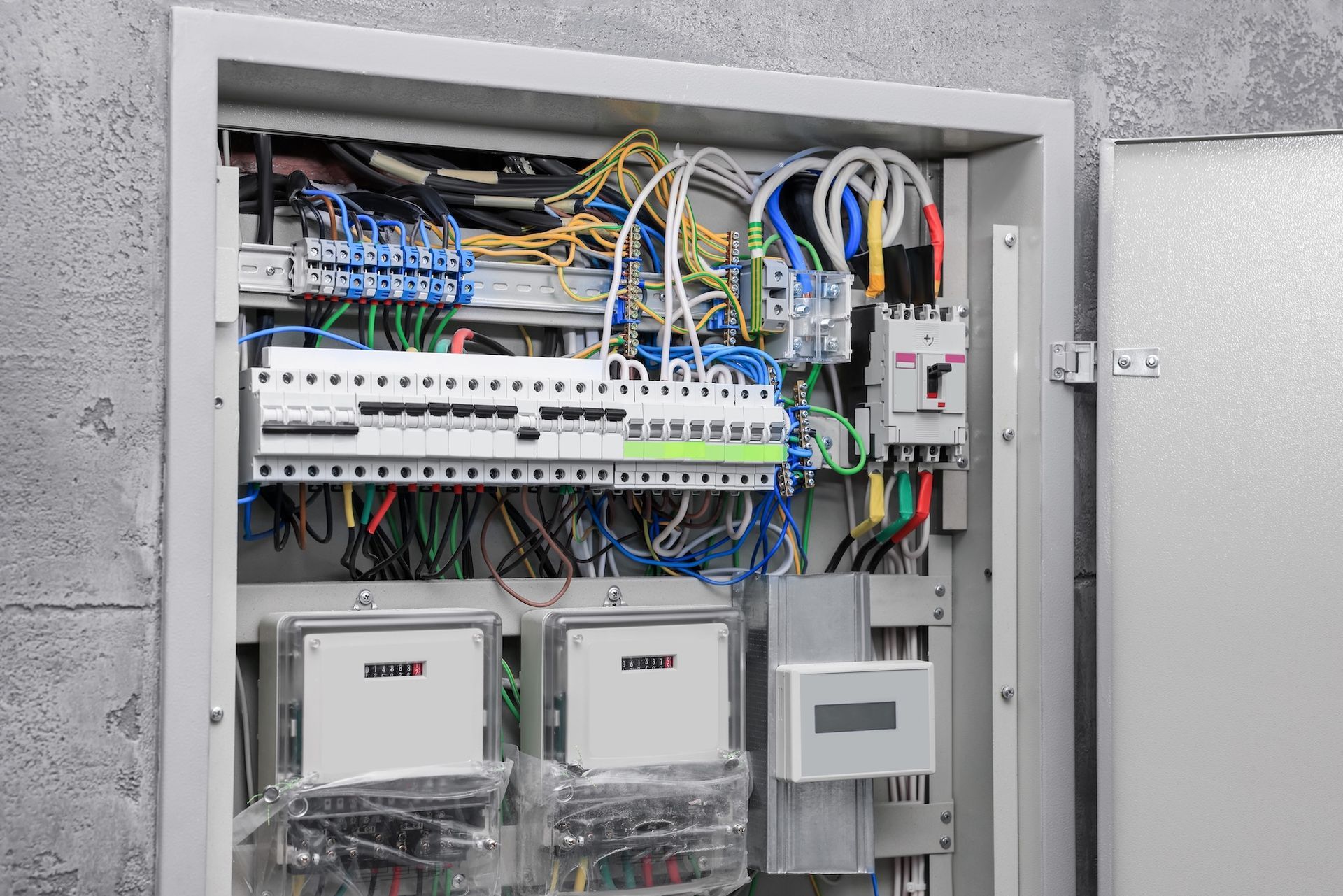 Electrical panel with various colored wires and circuit breakers.