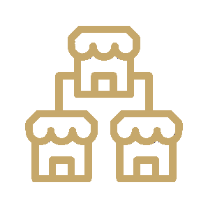 Three store icons connected, representing a franchise or business network.