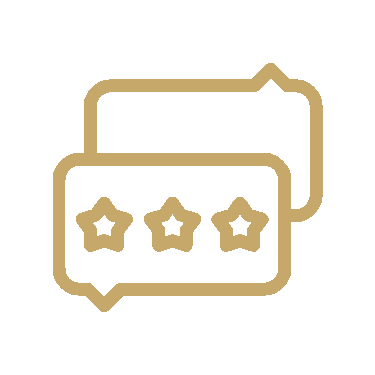 Gold chat bubbles with three stars, indicating a rating or review.