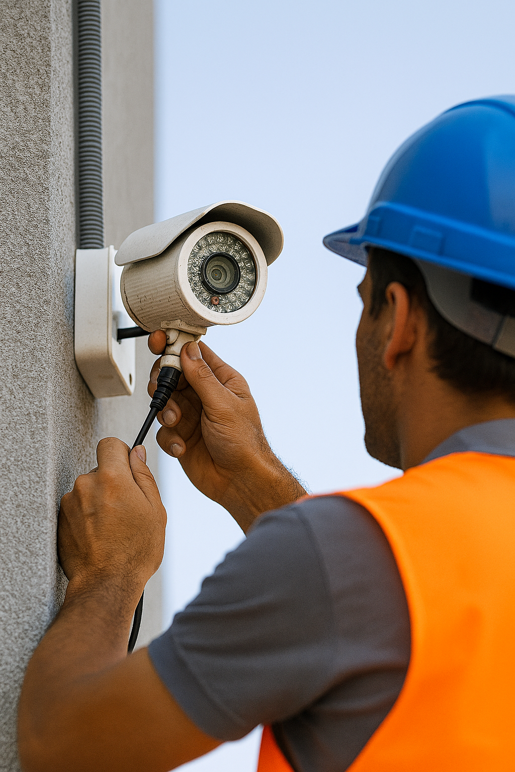 Un homme installe une caméra de sécurité sur le côté d'un immeuble.