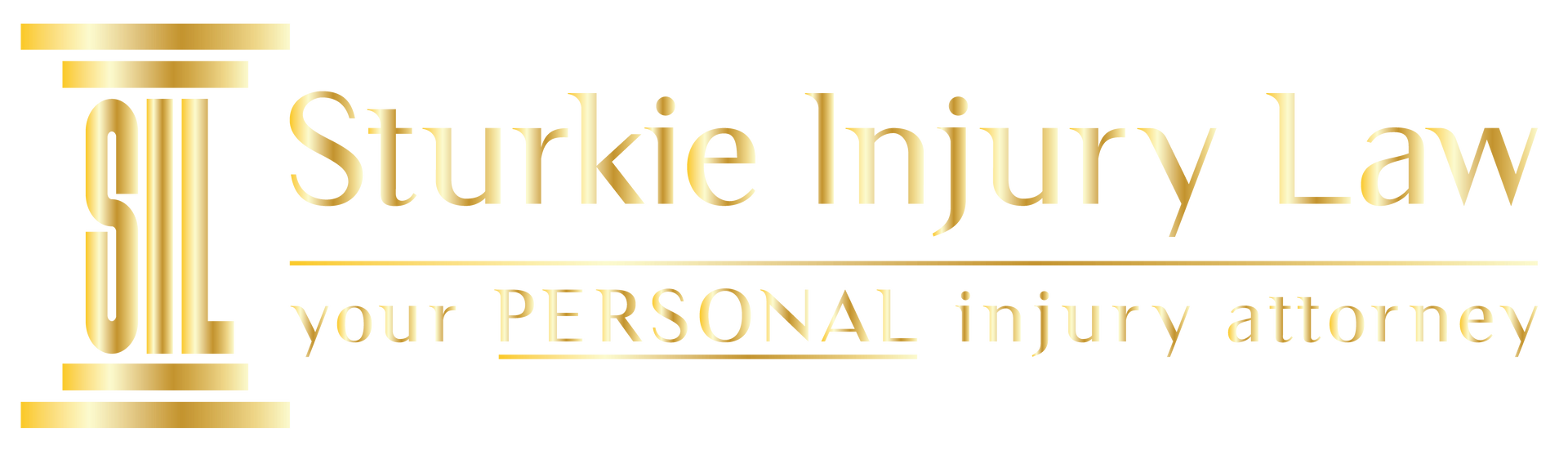 Logo for Sturkie Injury Law, a golden column with gold text "Sturkie Injury Law" and "your PERSONAL injury attorney".