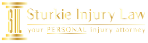 Logo for Sturkie Injury Law, a golden column with gold text "Sturkie Injury Law" and "your PERSONAL injury attorney".