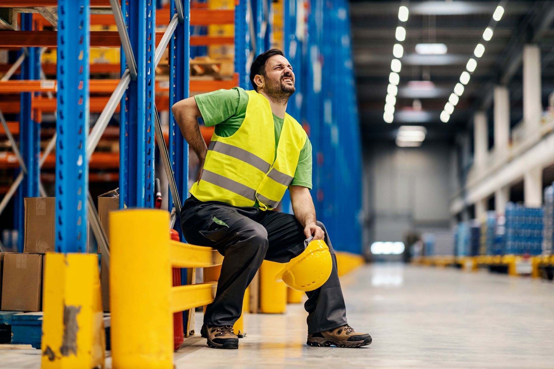 Warehouse worker in yellow vest sitting on a pallet jack, holding a hard hat, inside a large storage aisle.