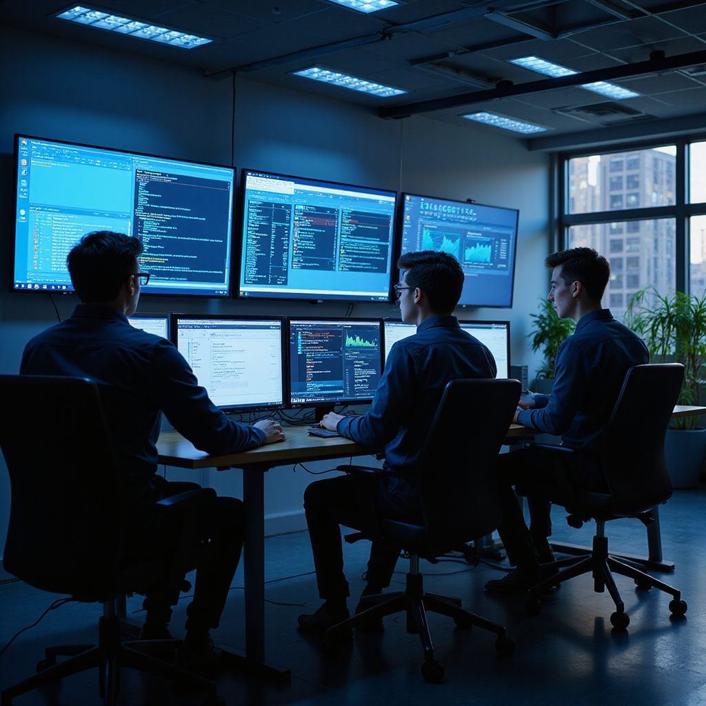 Three people in a dark room, working at computers, with multiple screens displaying code and data.