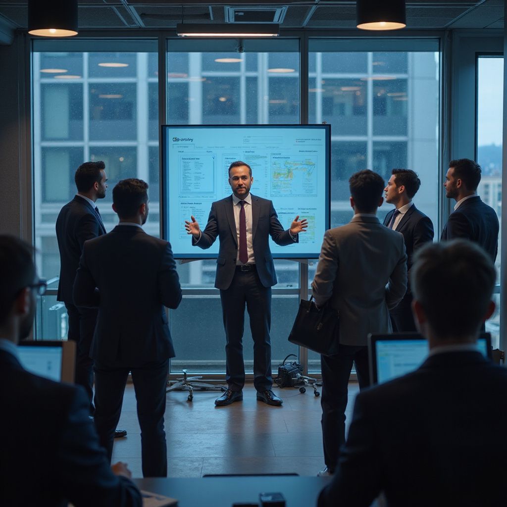 Business meeting in office; man presenting data, gesturing, surrounded by suited colleagues.
