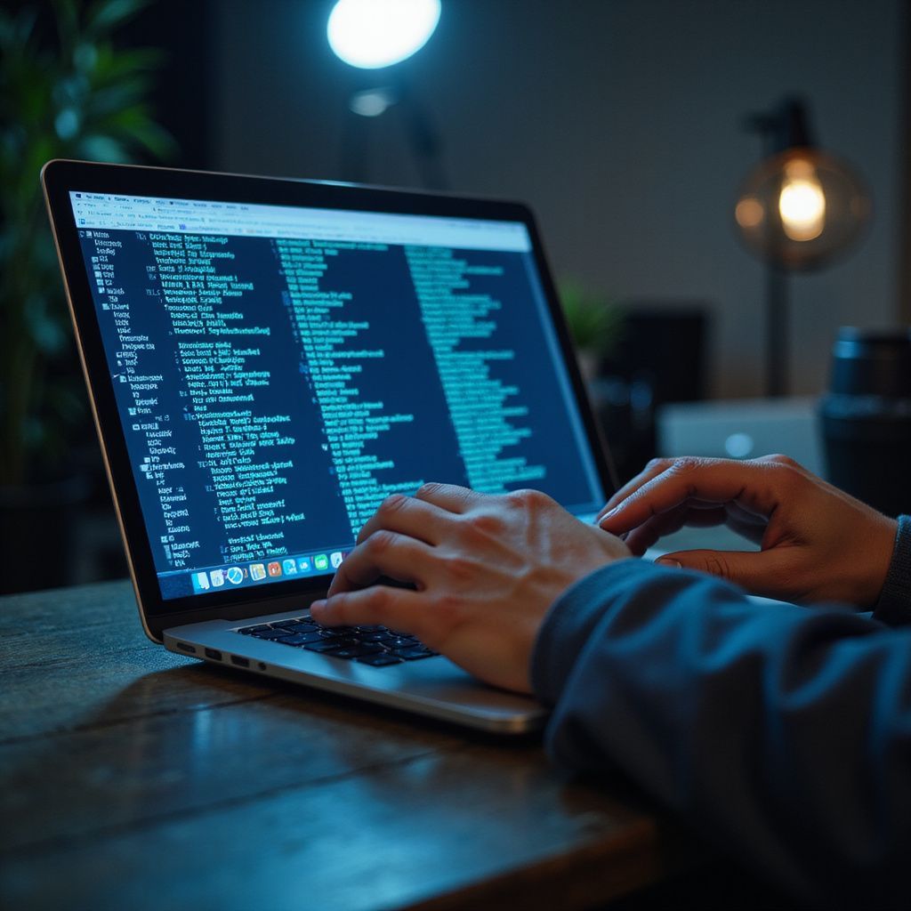 Person typing code on a laptop in a dimly lit room, illuminated by a desk lamp.