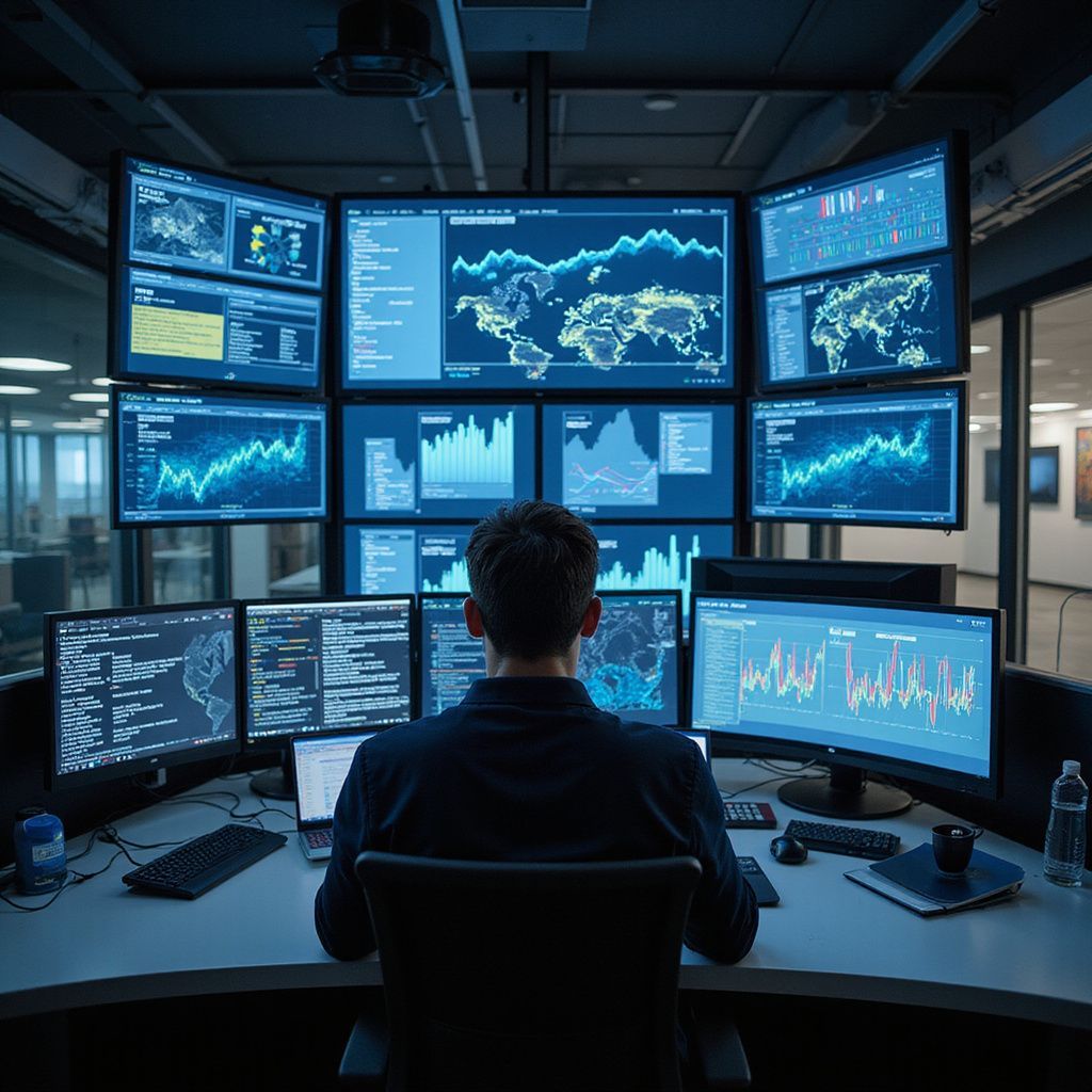 A person sits at a desk in front of multiple computer monitors displaying data and code in a dark room.