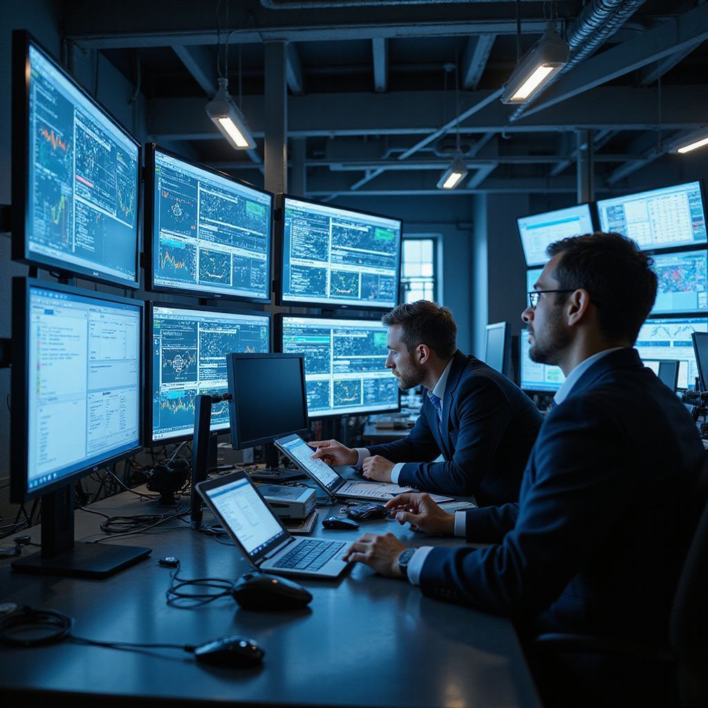 Two men in suits monitor stock data on multiple computer screens in a dark room.