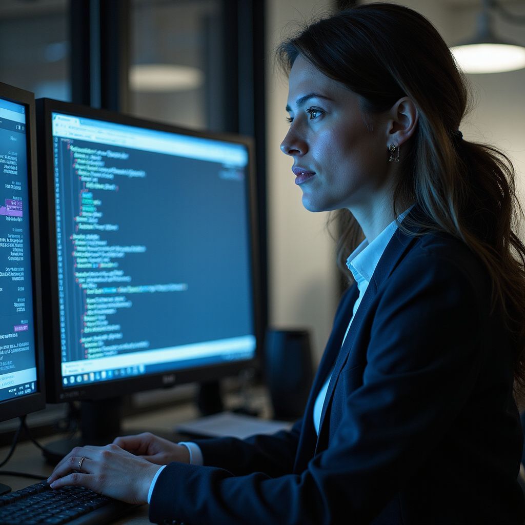 Woman in blazer, focused on computer screens displaying code, indoors.