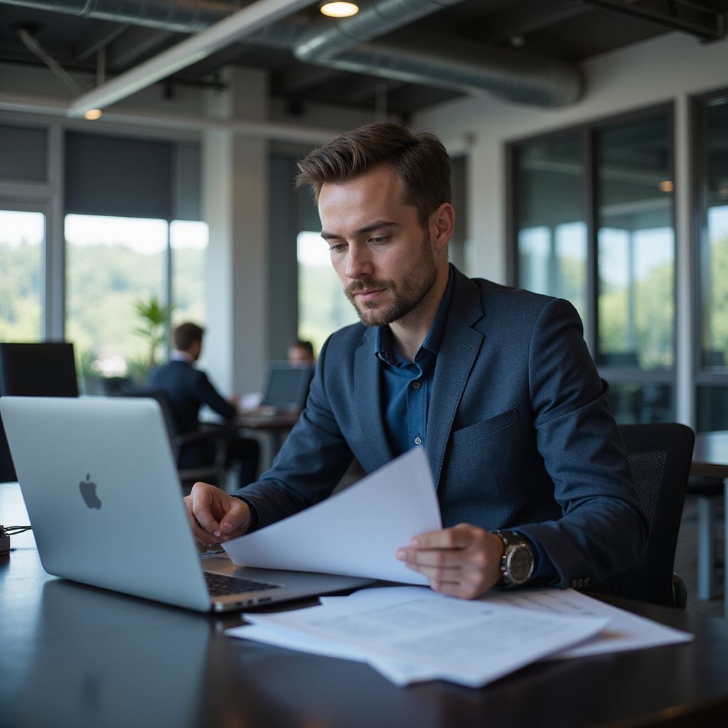 Man in a suit working on a laptop at a desk, looking at papers in an office setting.