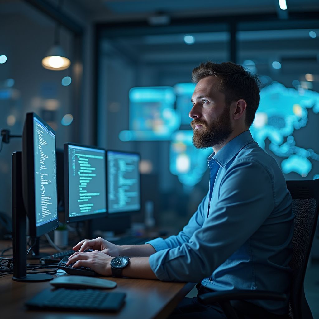 Man working at computer monitors in a dimly lit office. He types with focused expression, wearing a blue shirt.