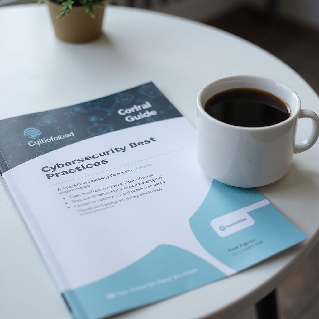 A cybersecurity guide and coffee cup on a table. The guide is blue and white, with the title 