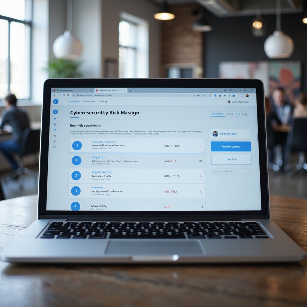 Laptop on table displays a list with blue headers. People are blurred in the background, a modern office setting.