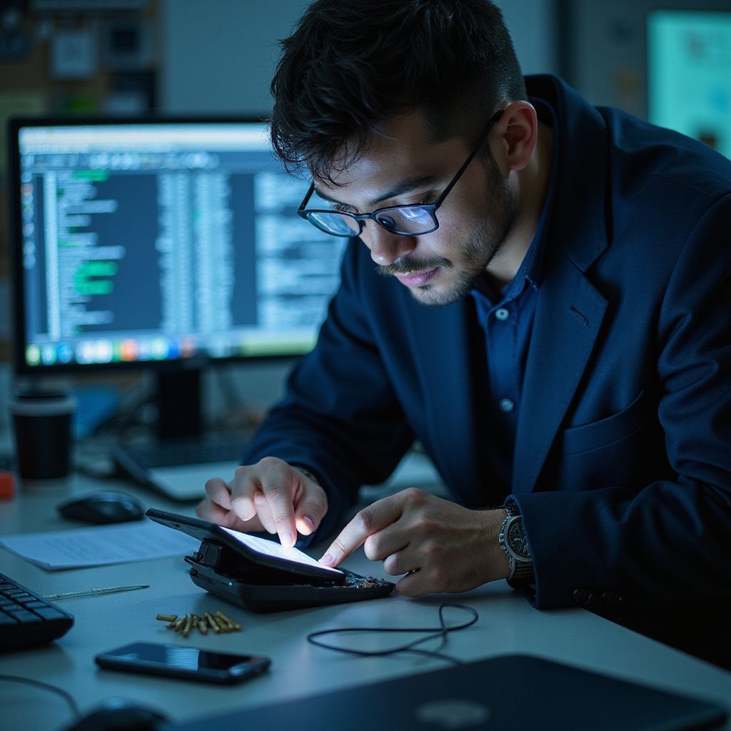 Man in glasses, focused on a handheld device with a computer screen in the background. Working at a desk.