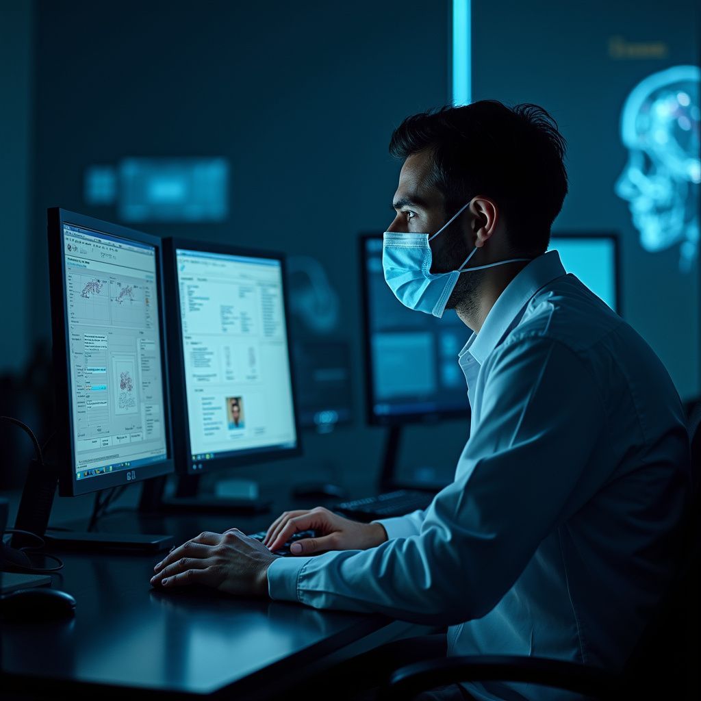 Man wearing a mask, working at dual computer monitors in a dimly lit medical setting, analyzing data.