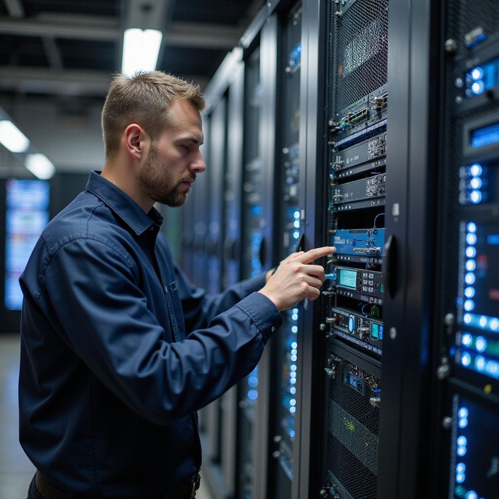 Man working on server equipment in a data center.