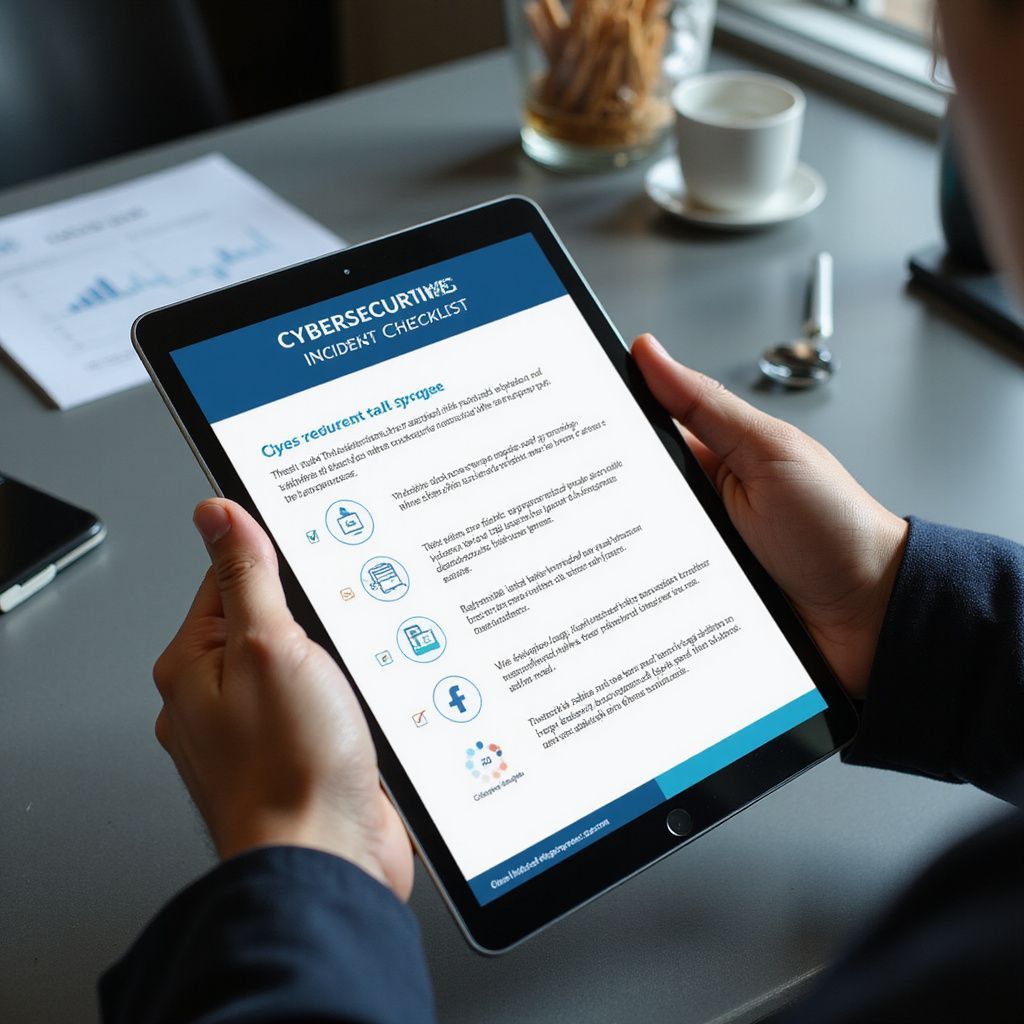 Person holding a tablet displaying cybersecurity information with icons on a desk.