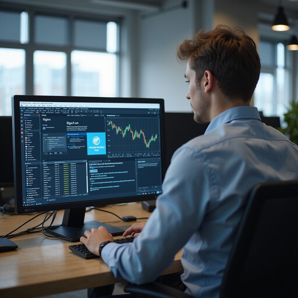 Man at computer, working with stock market data. Office setting, focused, looking at charts.