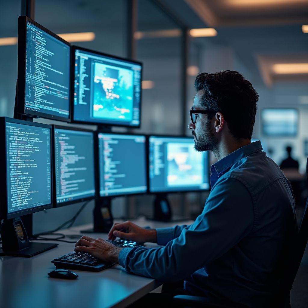 Man at computer desk with multiple monitors displaying code and a map, lit with cool blue light.