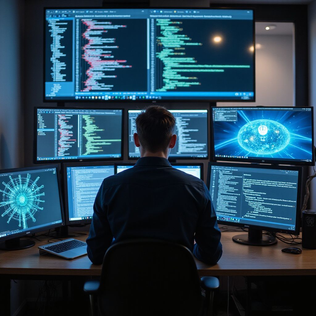 Person sitting at a desk with multiple computer monitors displaying code and data, in a dark room.