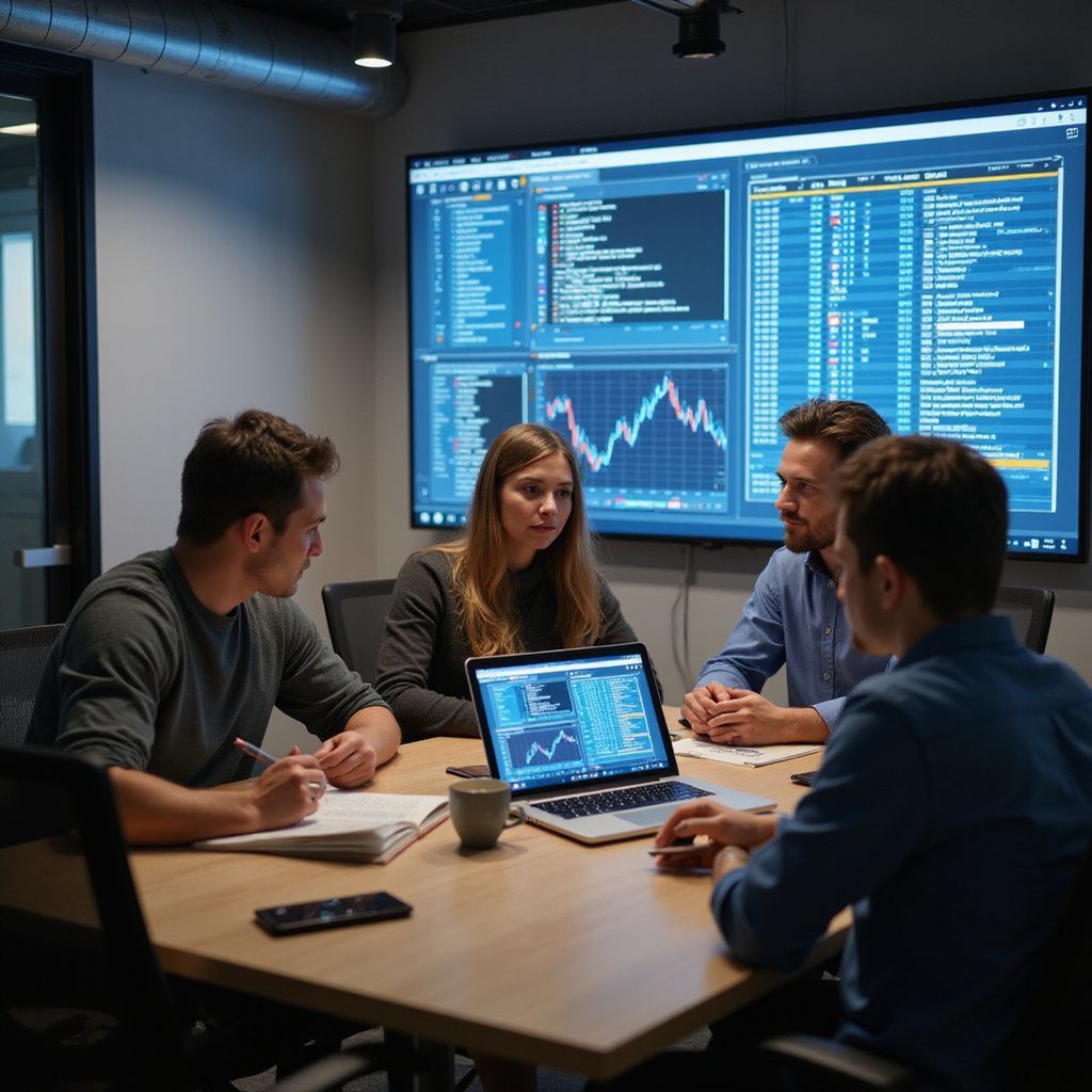 Four people in a meeting analyzing data, with charts on a large screen and laptop.