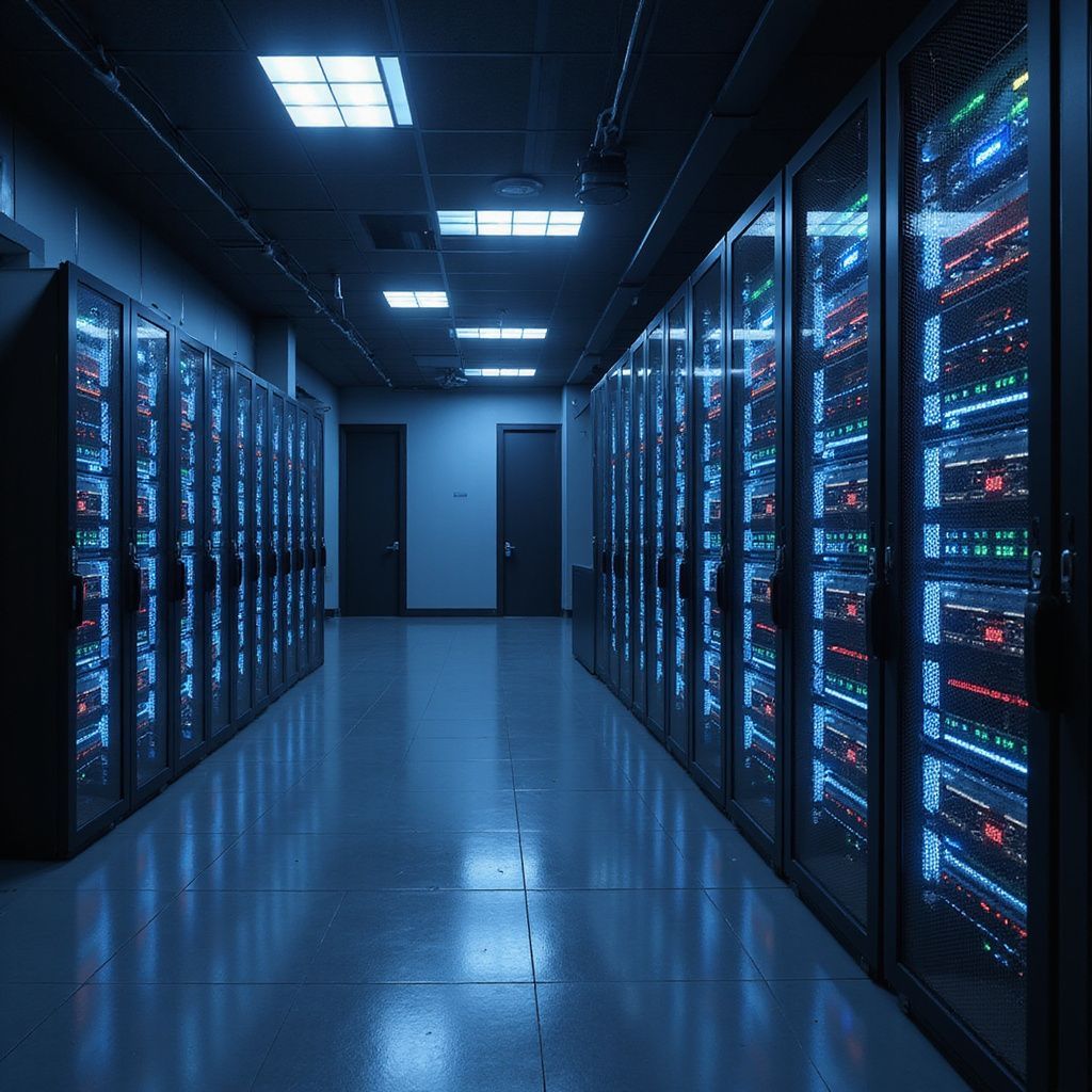 A data center hallway with rows of server racks, lit with blue light.