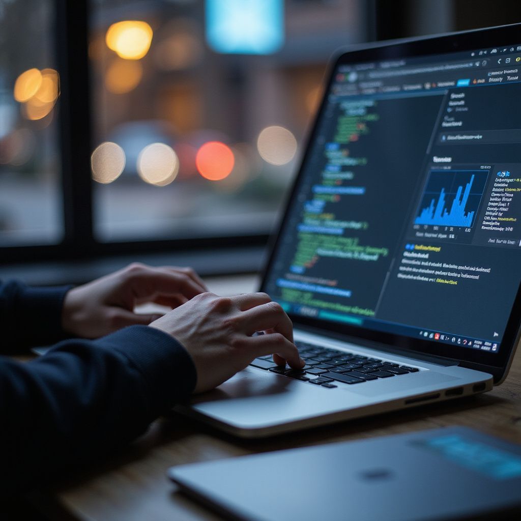 Hands typing code on a laptop with a graph on the screen, near a window at night.