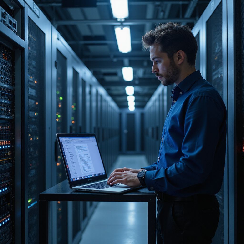 Man working on laptop in server room; dark blue, bright lights, technical environment.