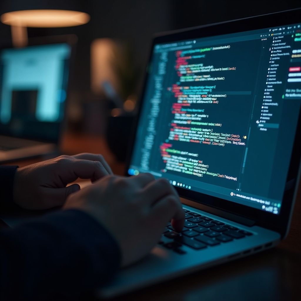 Person typing on a laptop displaying lines of computer code, in a dimly lit setting.