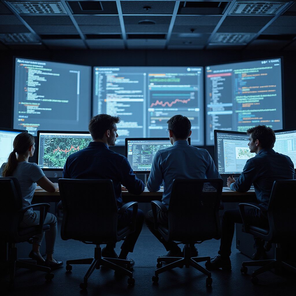 People in a dark room working at computers, with large monitors displaying code and data.