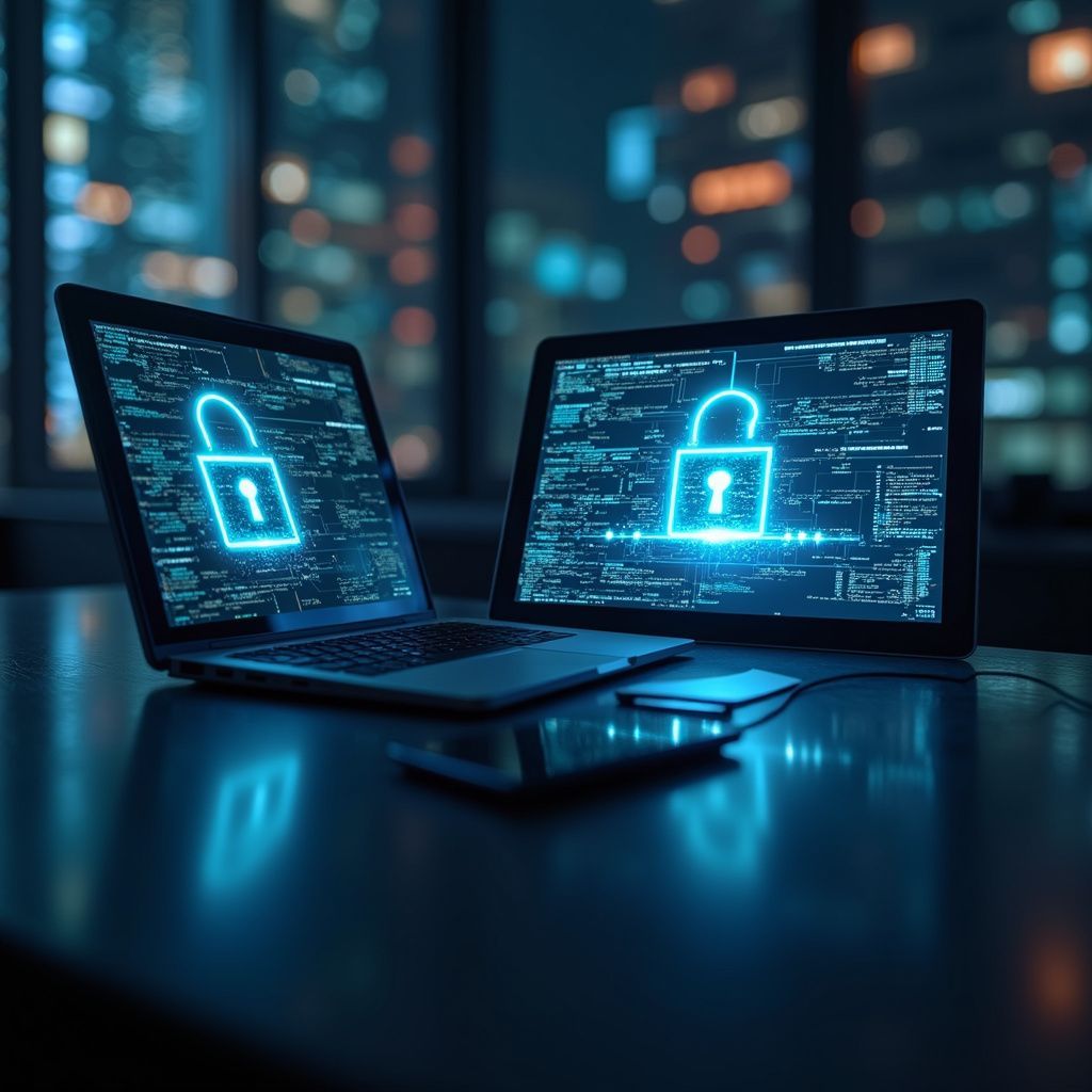 Two laptops and a smartphone display glowing security lock icons in a dark room with a city backdrop.