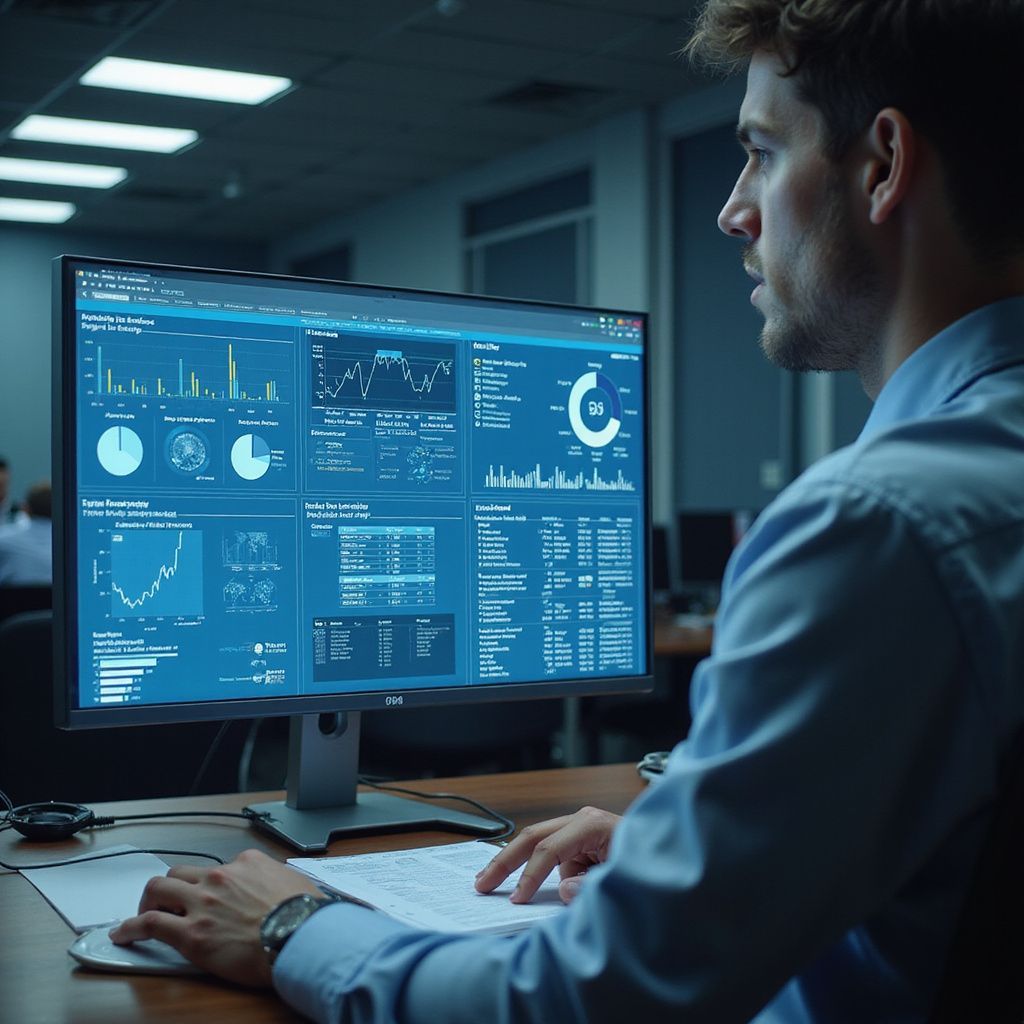 Man looking at computer screen with data charts in an office.